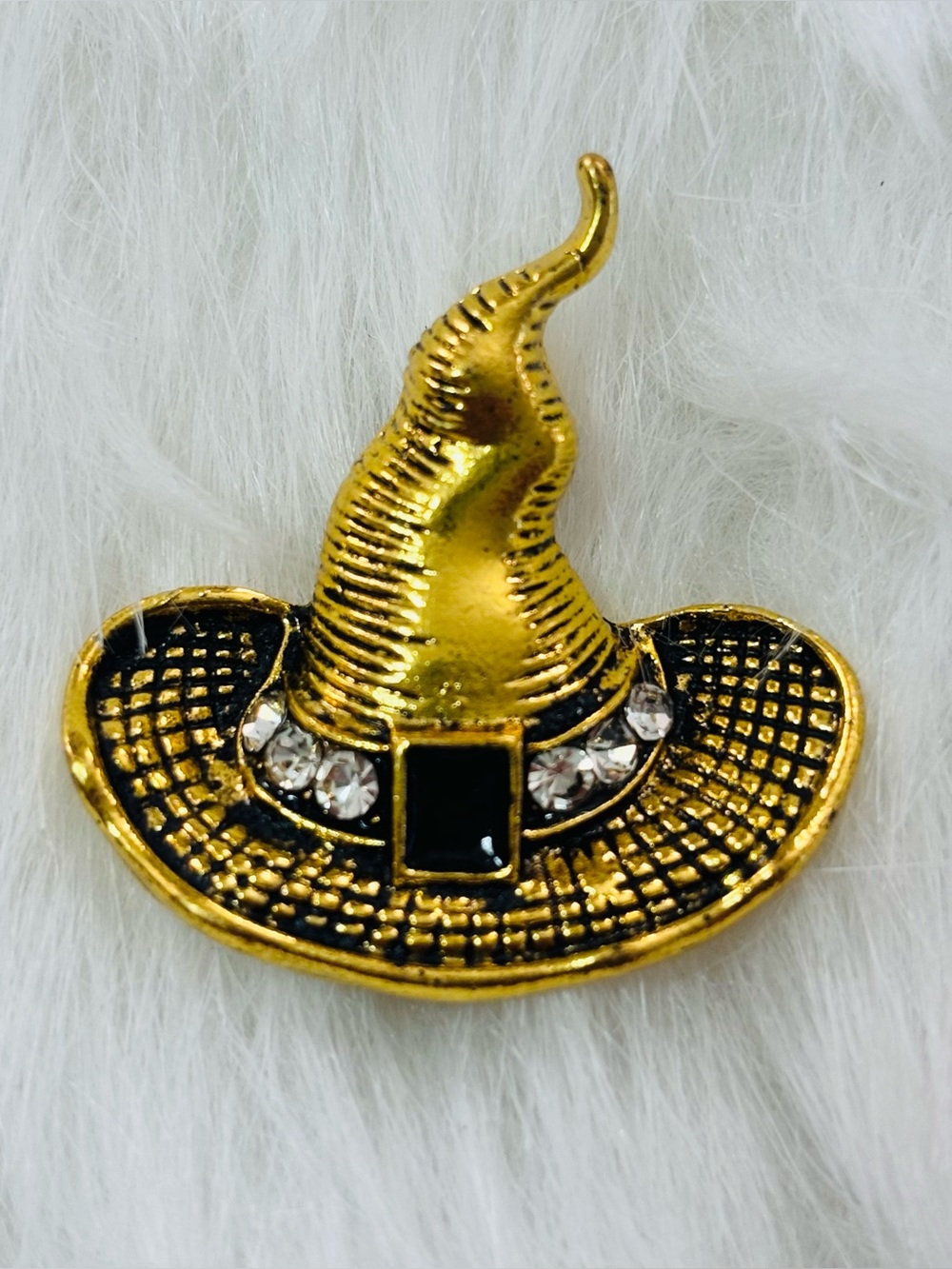 Halloween Witch Hat Brooch Gold Tone Black Enamel Rhinestone Pin
